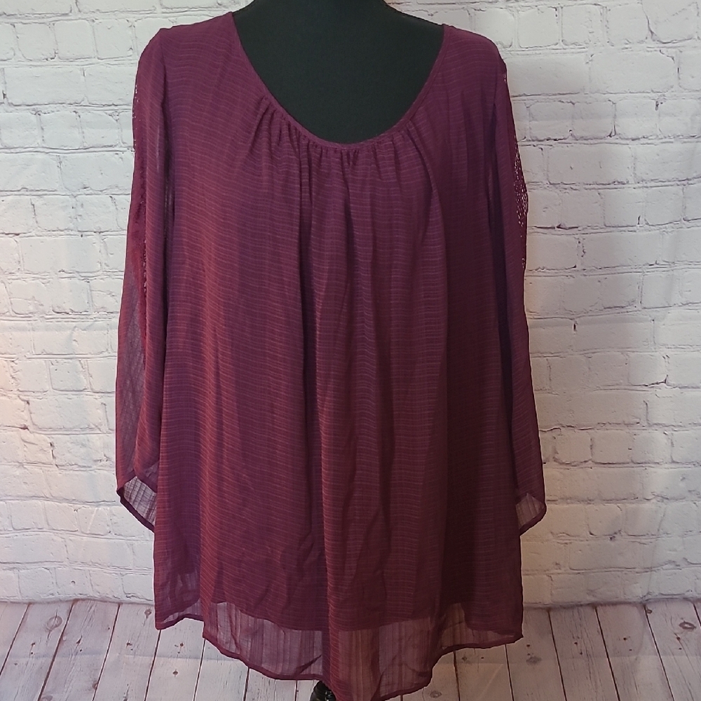 Women's Size 2X Wine Plum Blouse Bell Sleeve Striped Lightweight Flowy